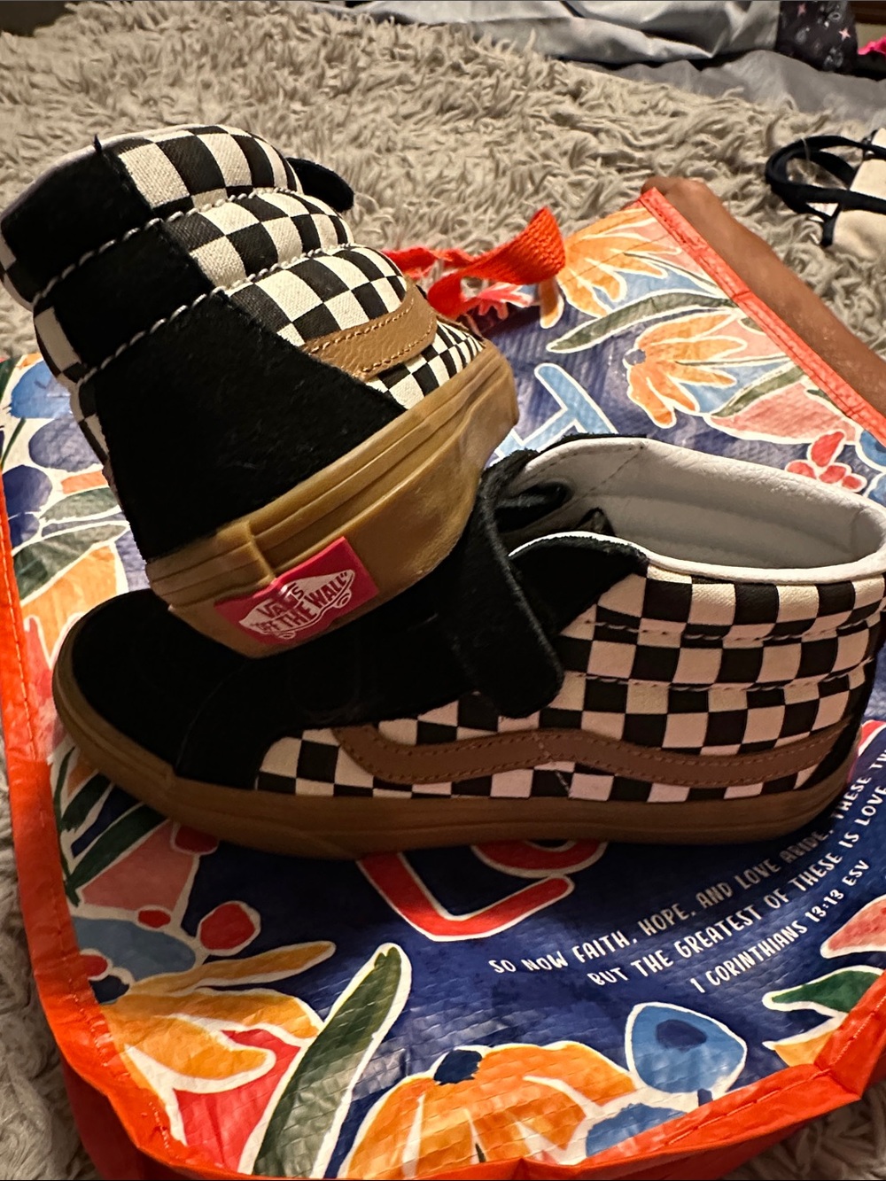 Vans Kids Checkerboard Mid-Top Sneakers in Black, White & Brown